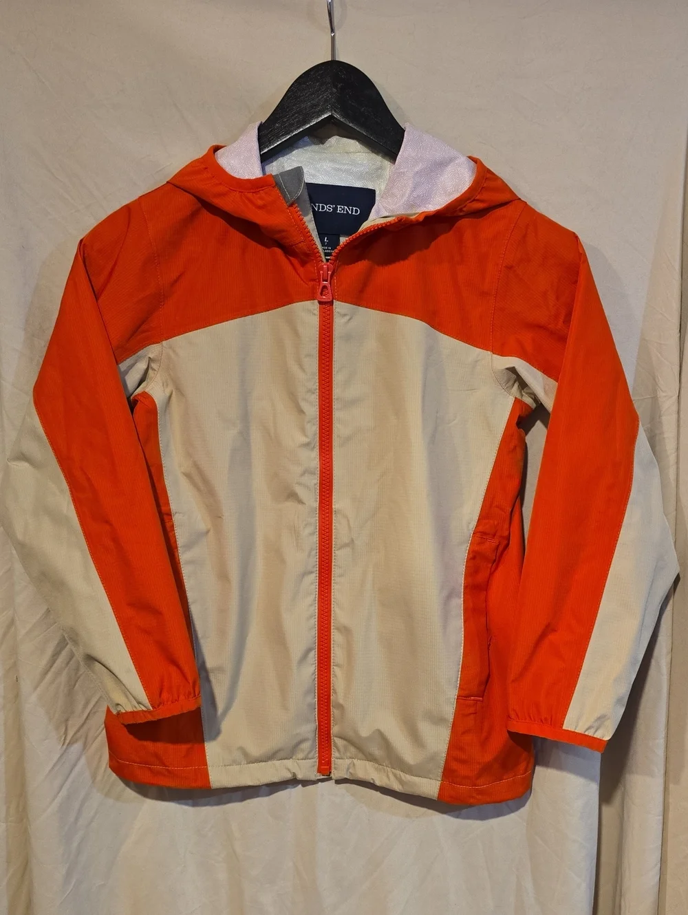 Boy's Lands' End Orange and Cream Hooded Kids' Rain Jacket